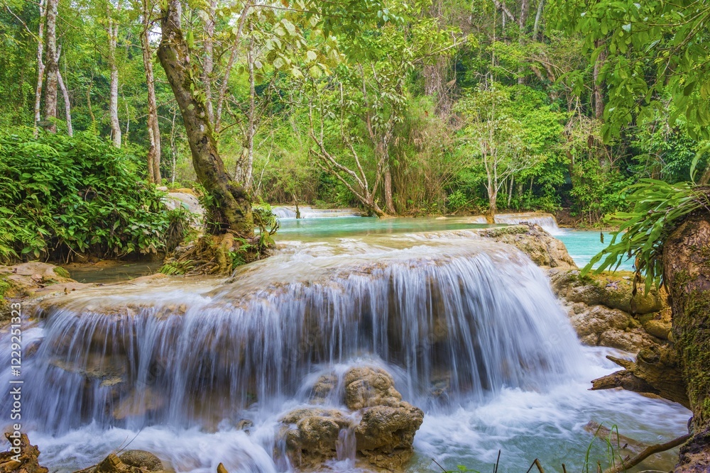 Fototapeta premium Small waterfall, cascades, Tat Kuang Si waterfalls, Luang Prabang, Laos, Asia
