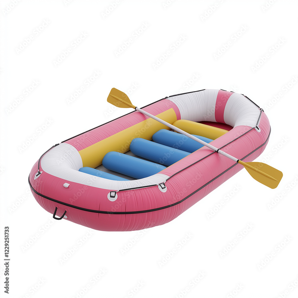 An inflatable raft with oars, hyper-realistic 3D illustration, bright colors, isolated on white background An inflatable raft with oars, hyper-realistic 3D illustration, bright colors, isolated on white background