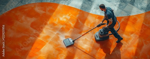 A worker using a floor cleaning machine on a large orange floor. The scene is viewed from above, showing the machine and worker in detail.