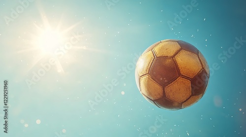 Football, football banner template. Sports poster, Leather soccer ball spinning, high detail, sun and stars sparkling in the background 
