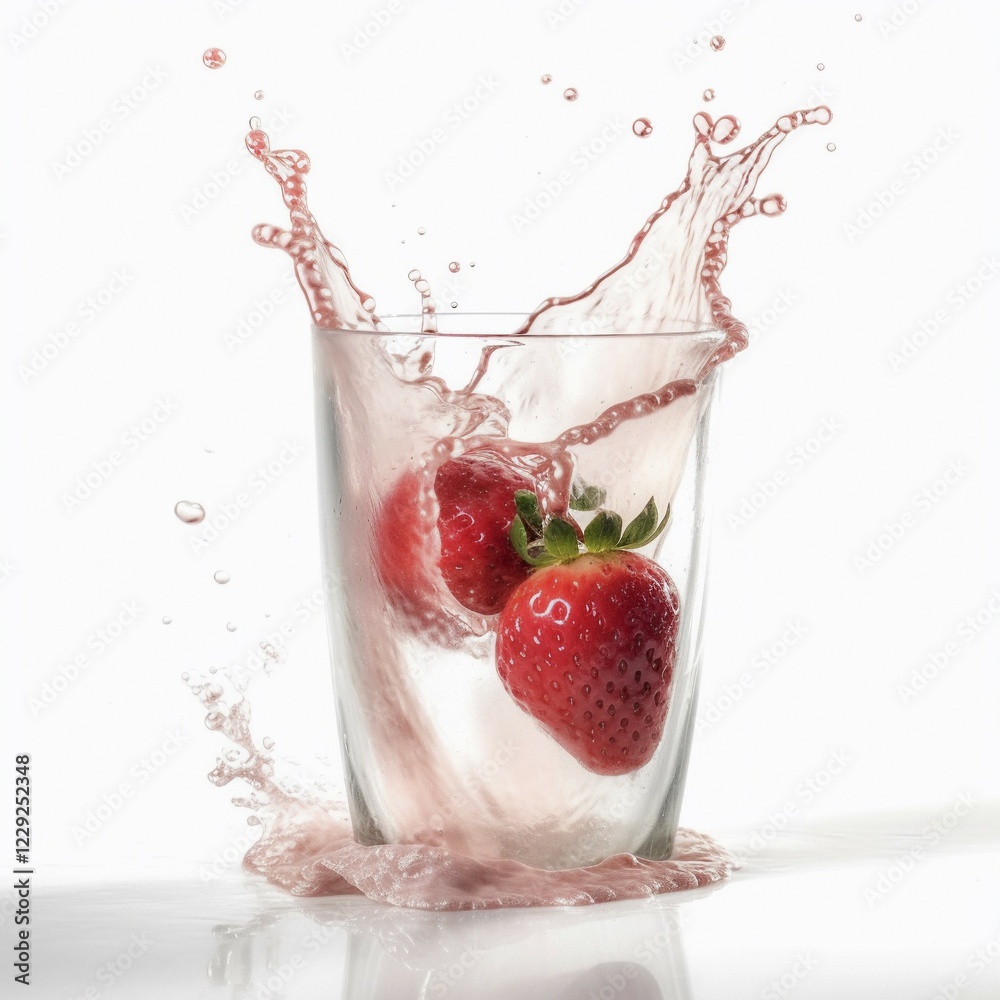 A strawberry falls into a glass with milk, Ai generated