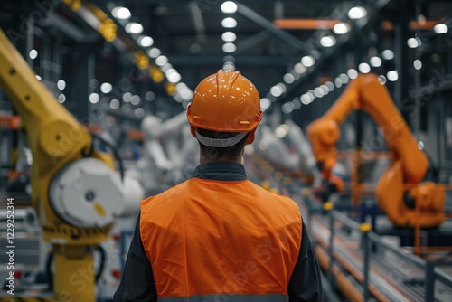 Back view of worker wit safety helmet in factory. KI generiert, generiert, AI generated