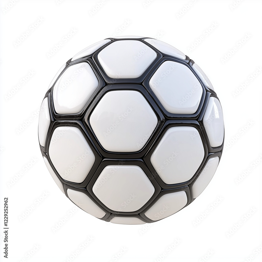 Obraz premium A classic soccer ball, sports equipment element, hyper-realistic 3D rendering, black and white hexagon pattern, isolated on white background