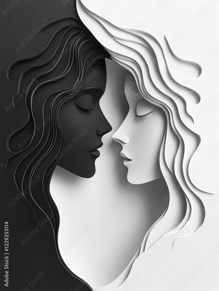 Black and white layered paper cutout of two female faces in profile, modern abstract art illustration
