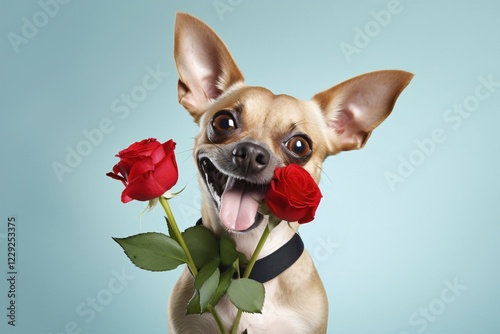 Funny dog with open mouth and red rose flowers on blue bakcground. KI generiert, generiert AI generated photo