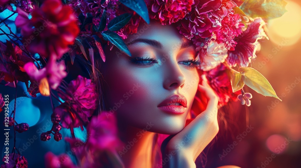 Surreal portrait of a woman adorned with vibrant floral headpiece Surreal portrait of a woman adorned with vibrant floral headpiece
