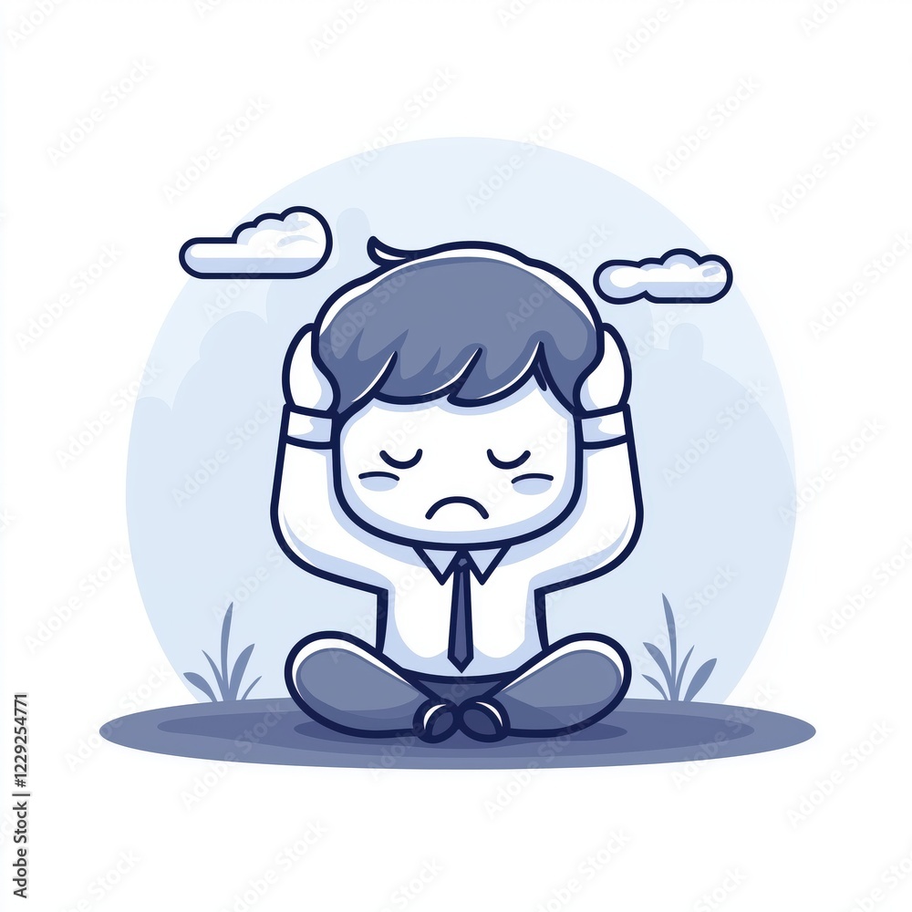 Cartoon illustration of stressed man holding his head outdoors.