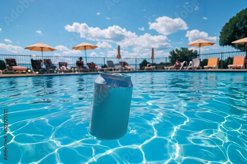 A can of beer floating in a pool on a hot, summer day.