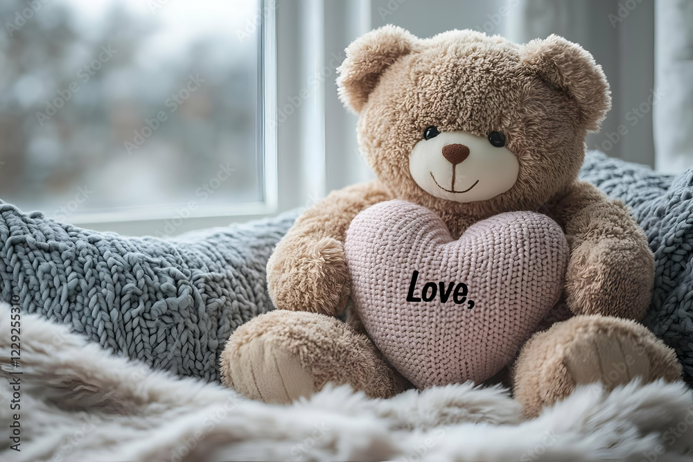 Teddy bear holding heart, cozy window seat, winter view, Valentine's Day Teddy bear holding heart, cozy window seat, winter view, Valentine's Day