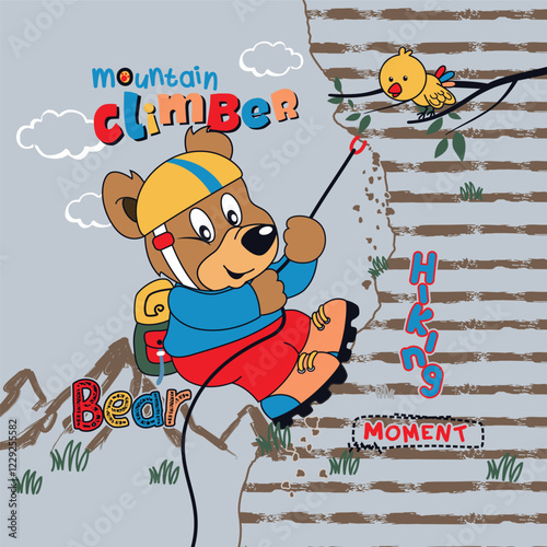Adorable cute bear climbing high mountains with determination in a playful vector style
