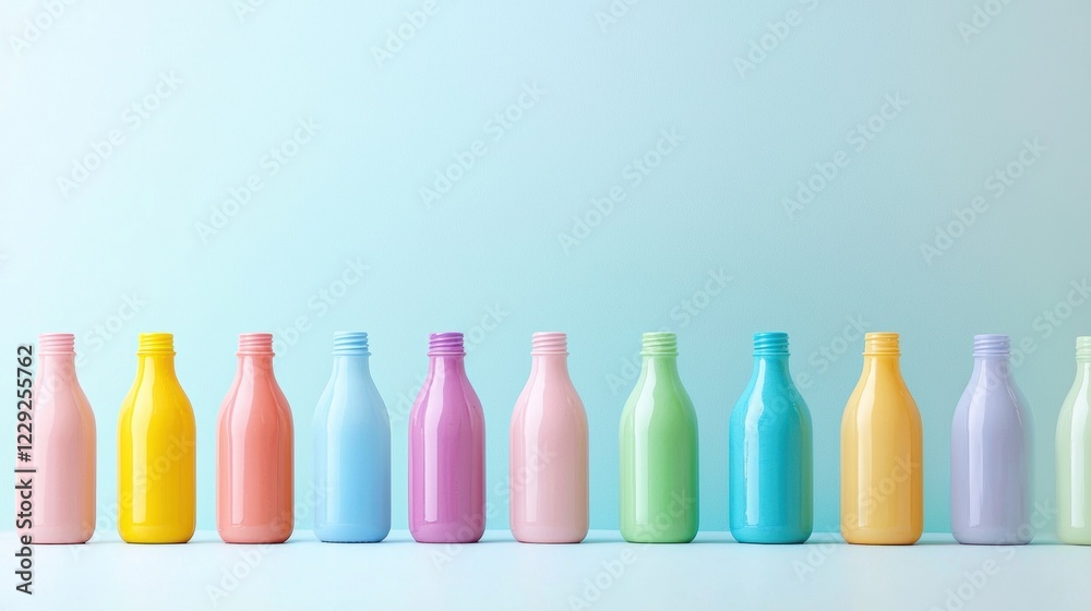 Row of nine colorful glass bottles arranged in a line on a light blue background. Row of nine colorful glass bottles arranged in a line on a light blue background.