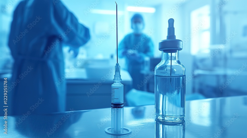 A pair of surgical gloves, a syringe and a mask are placed on a sterile tray, with surgical instruments in the background A pair of surgical gloves, a syringe and a mask are placed on a sterile tray, with surgical instruments in the background