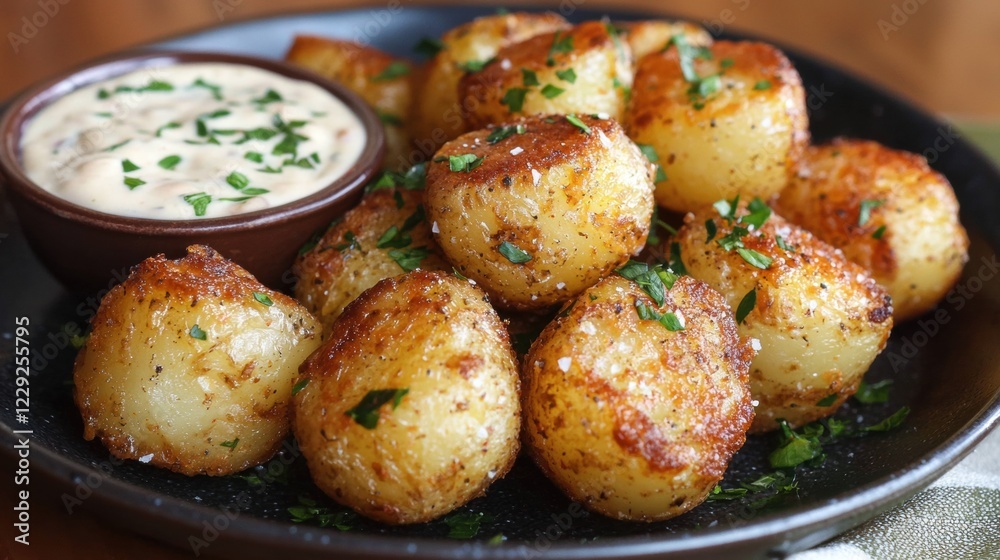 Plate of roasted potatoes with a small bowl of creamy white sauce on the side. the potatoes are golden brown and appear to be seasoned with herbs and spices. Plate of roasted potatoes with a small bowl of creamy white sauce on the side. the potatoes are golden brown and appear to be seasoned with herbs and spices.
