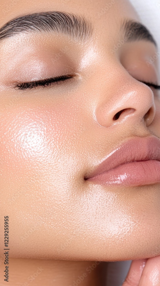 Fototapeta premium Close up of a woman's face, eyes closed, with a white, sparkly substance applied to her skin. Soft lighting, focus on the texture and subtle shine of the product. Neutral background.