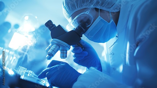 Close Up of a Scientist Using a Microscope, Analyzing a Petri Dish Sample. Developing New Drugs. 