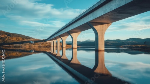 long bridge crossing a river, with the reflection of the bridge visible on the water s surface photo