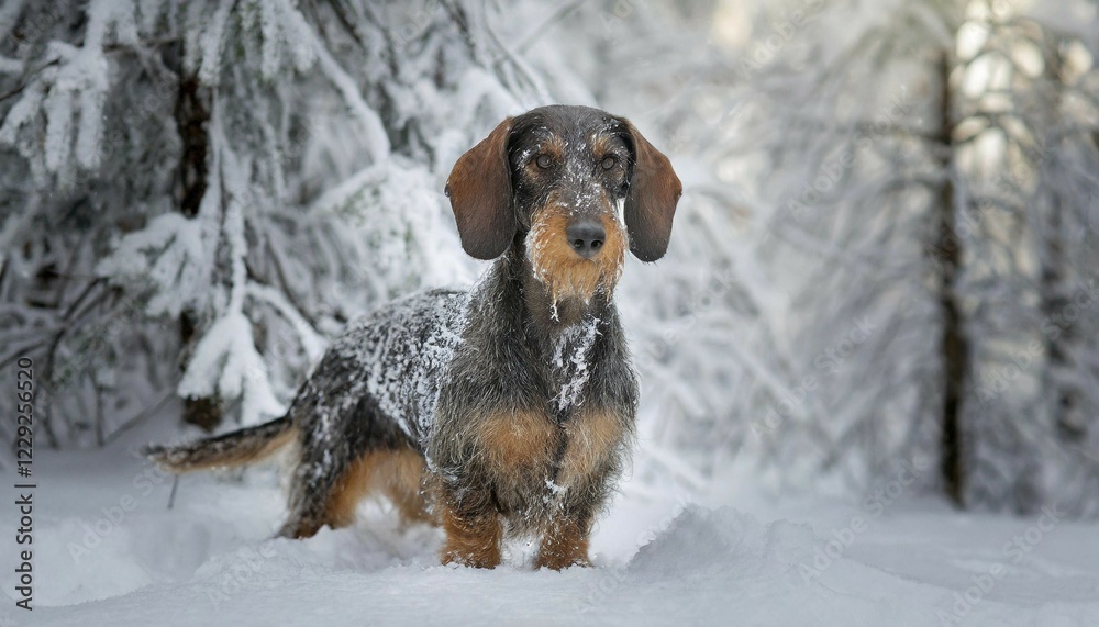 KI generated, A wire-haired dachshund looks forward to winter and runs in the snow, Dachshund, Wire-haired dachshund, Dog, domestic dogs (Canis lupus familiaris), Family dog with hunting instinct, frontal KI generated, A wire-haired dachshund looks forward to winter and runs in the snow, Dachshund, Wire-haired dachshund, Dog, domestic dogs (Canis lupus familiaris), Family dog with hunting instinct, frontal