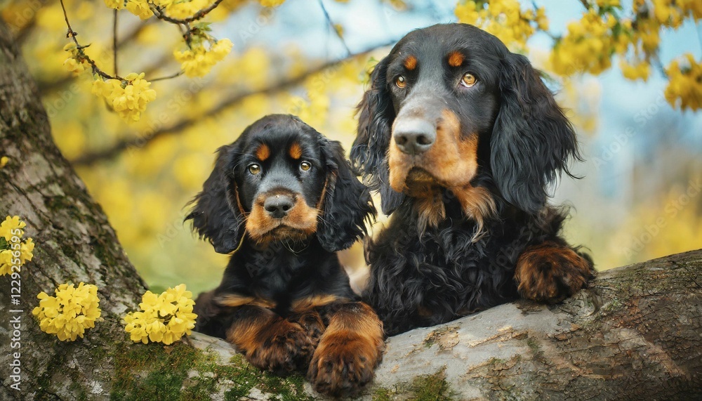 KI generated, animal, animals, mammal, mammals, a, single animal, Gordon Setter, (Canis lupus familiaris), dog, dogs, bitch, hunting dog, dog breed from England, bitch and a puppy KI generated, animal, animals, mammal, mammals, a, single animal, Gordon Setter, (Canis lupus familiaris), dog, dogs, bitch, hunting dog, dog breed from England, bitch and a puppy