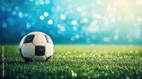 Gradient soccer field background design, Soccer ball on abstract blue background