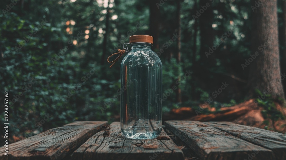 Fototapeta premium Glass water bottle with a brown lid sitting on a wooden table in a forest. the bottle is empty and appears to be made of transparent glass.
