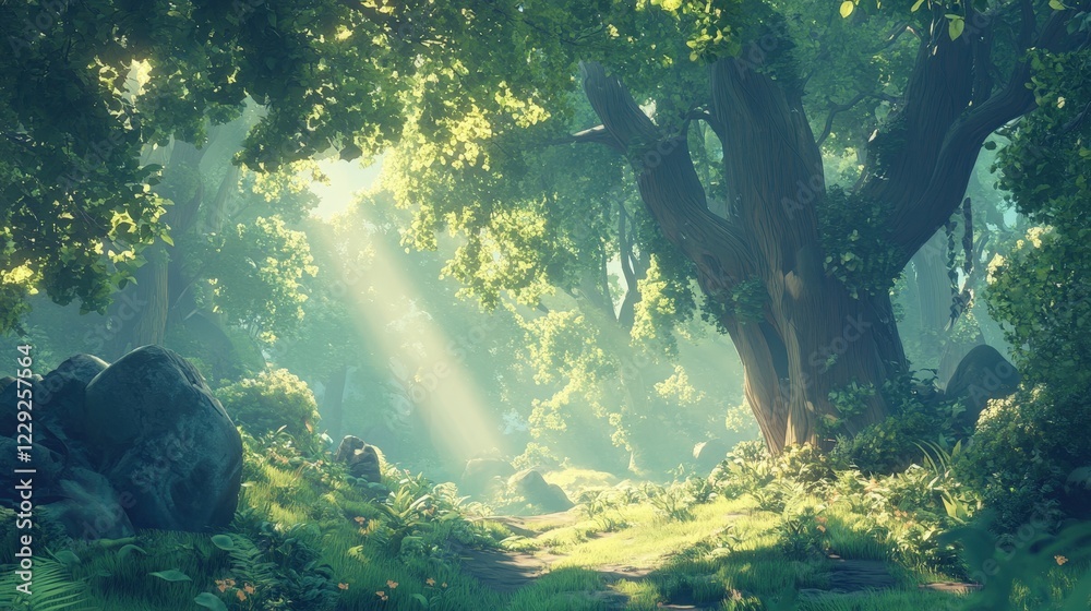 Fototapeta premium green forest with sunlight filtering through the dense canopy, creating a magical and refreshing atmosphere.