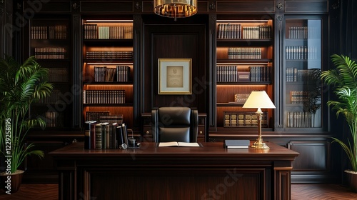 luxurious executive office with a dark wooden desk, leather chair, and bookshelves filled with neatly arranged books