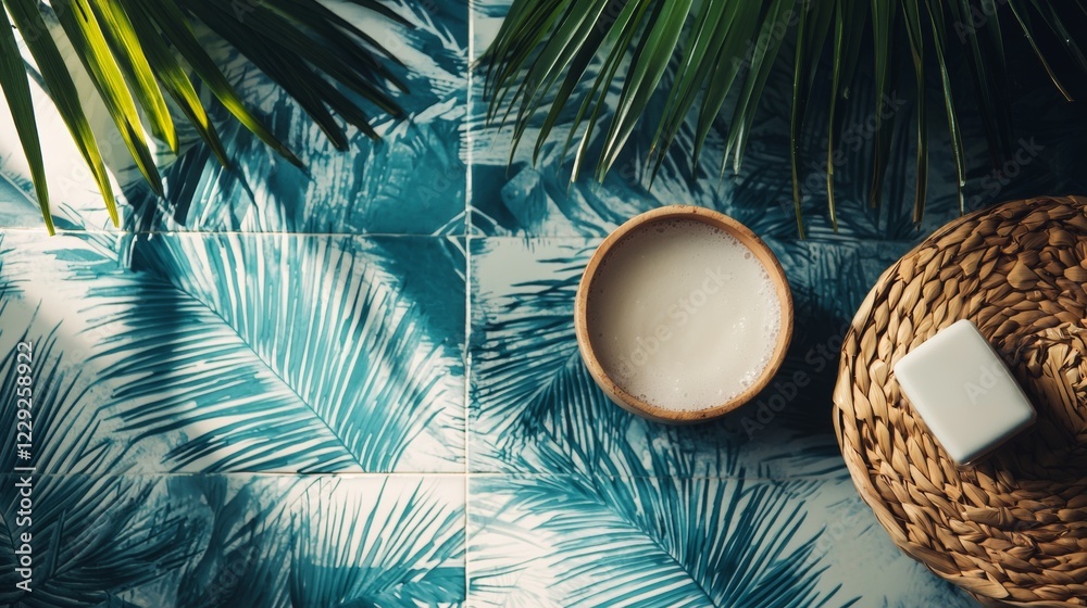 Obraz premium Tropical leaves and a bowl on a woven mat in sunlight