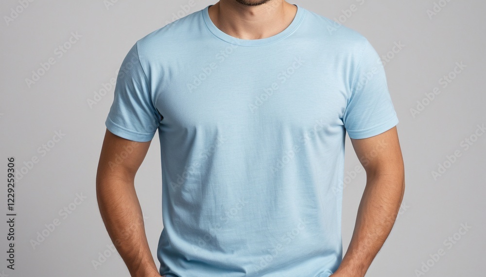 A close-up of a man wearing a plain light blue t-shirt.Male light blue t-shirt mockup. A close-up of a man wearing a plain light blue t-shirt.Male light blue t-shirt mockup.