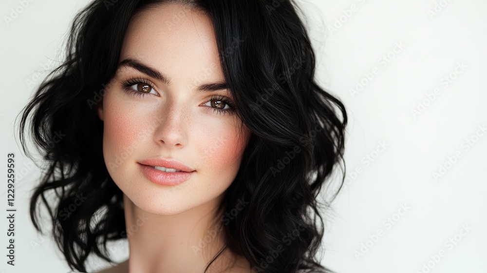 A close-up portrait of a beautiful young woman with dark black hair, and a serene expression, showcasing natural beauty and elegance and tranquility, professional studio portrait photography. White ba A close-up portrait of a beautiful young woman with dark black hair, and a serene expression, showcasing natural beauty and elegance and tranquility, professional studio portrait photography. White ba
