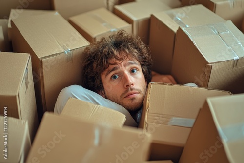 Man Surrounded by Cardboard Boxes