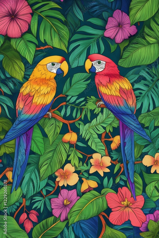 Obraz premium Vibrant Tropical Parrots in Lush Jungle . Children coloring page