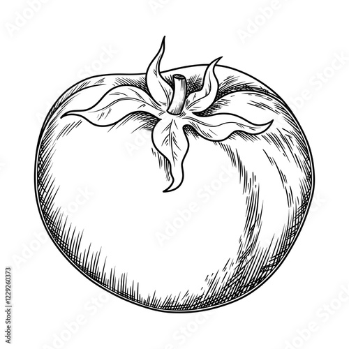 Whole tomato food illustration in the graphic line art style. Hand drawn vector outline element of healthy meal. Perfect for vegetable menu creating and sketch drawing designs.
