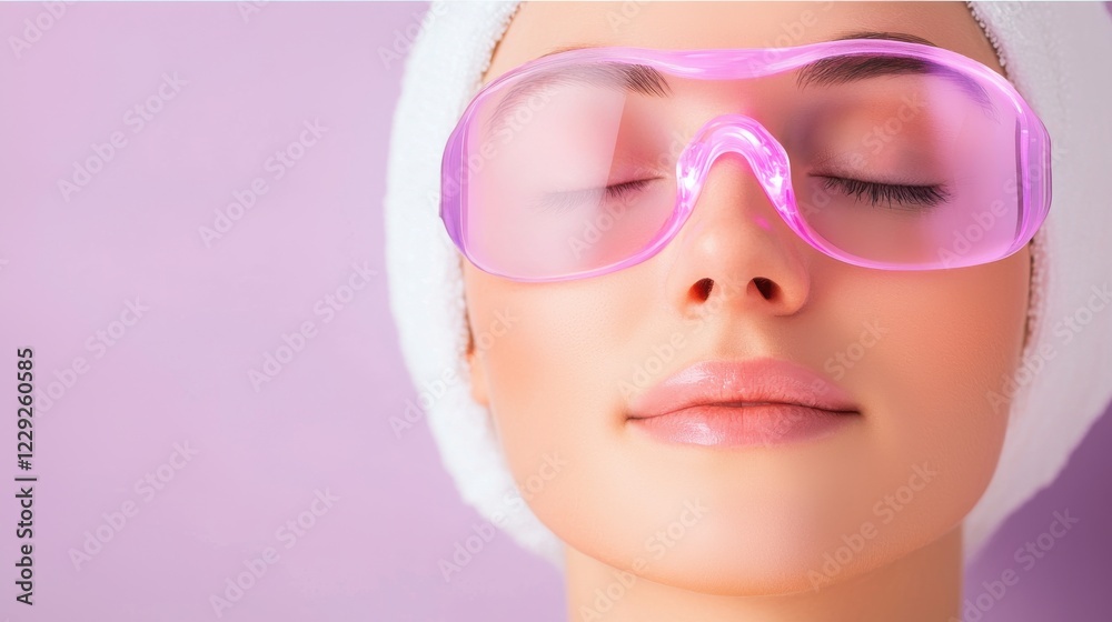 Closeup of a serene woman wearing pink eye masks and a white towel, set against a pale purple background. Soft lighting enhances her relaxed expression and smooth skin. Closeup of a serene woman wearing pink eye masks and a white towel, set against a pale purple background. Soft lighting enhances her relaxed expression and smooth skin.