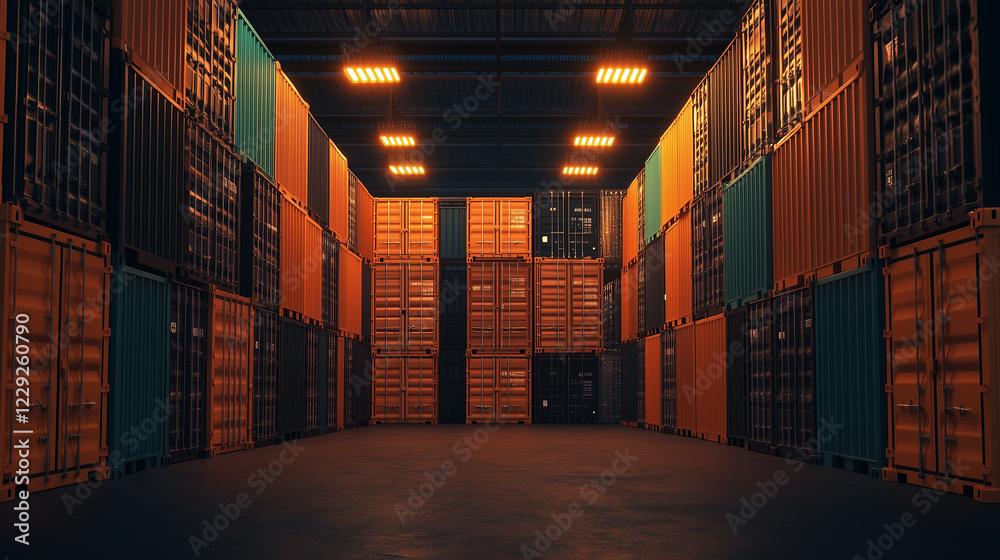Fototapeta premium Industrial storage area with stacked shipping containers