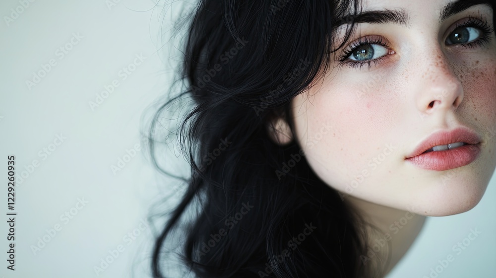 A close-up portrait of a beautiful young woman with dark black hair, and a serene expression, showcasing natural beauty and elegance and tranquility, professional studio portrait photography. White ba A close-up portrait of a beautiful young woman with dark black hair, and a serene expression, showcasing natural beauty and elegance and tranquility, professional studio portrait photography. White ba
