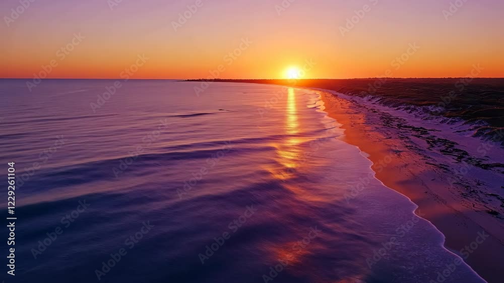 Majestic sunset over tranquil ocean waves lapping serene coastal shoreline Majestic sunset over tranquil ocean waves lapping serene coastal shoreline