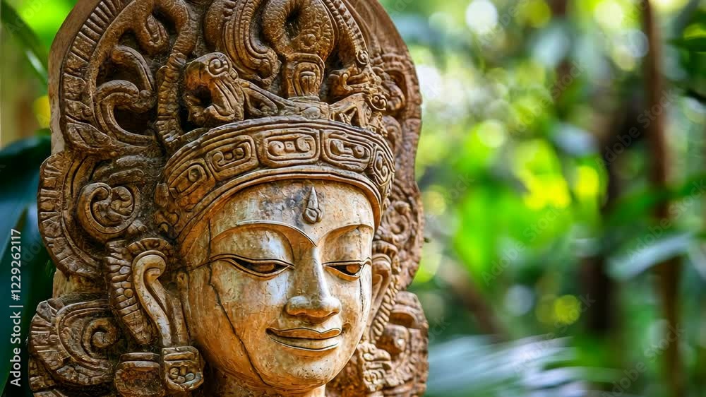 Intricate stone carving of a serene figure in a lush garden setting surrounded by vibrant greenery Intricate stone carving of a serene figure in a lush garden setting surrounded by vibrant greenery