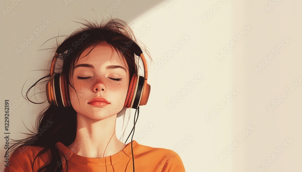 Girl wearing headphones, eyes closed, enjoying music with a relaxed expression against a clean, empty background Girl wearing headphones, eyes closed, enjoying music with a relaxed expression against a clean, empty background