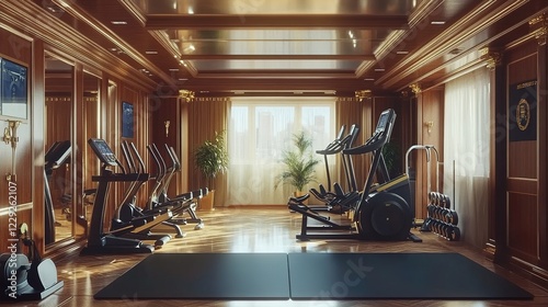 Gym equipment still in the background of a sports fitness center room in a luxury hotel interior.