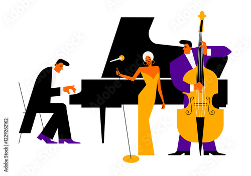 group of musicians with a piano and a double bass, a singer with a microphone on stage isolated on a white background. flat drawing, geometric style. stock vector illustration. EPS 10.