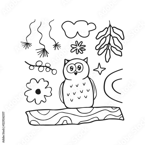 Cute card with kid scribble doodle. Hand drawn childish funny simple illustration. Owl, flowers and leaves children draw style design