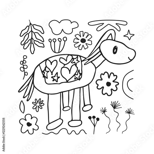 Cute card with kid scribble doodle. Hand drawn childish funny simple illustration. Horse, flowers and leaves children draw style design