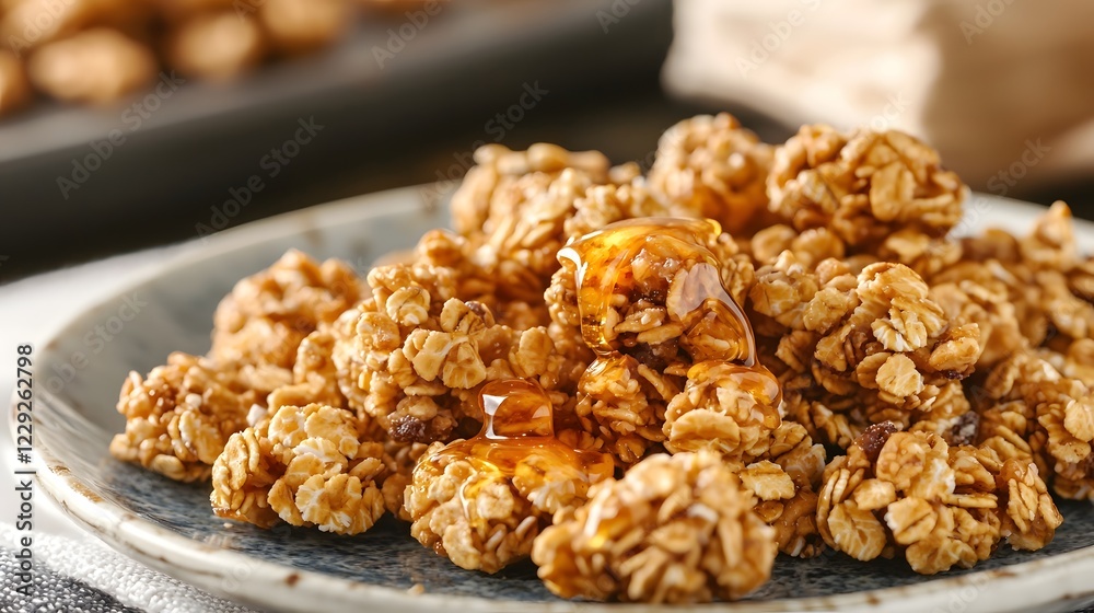 Cereals Crunchy Grain, Granola Clusters with Honey Drizzle - Closeup of Natural and Wholesome Breakfast Snack Cereals Crunchy Grain, Granola Clusters with Honey Drizzle - Closeup of Natural and Wholesome Breakfast Snack