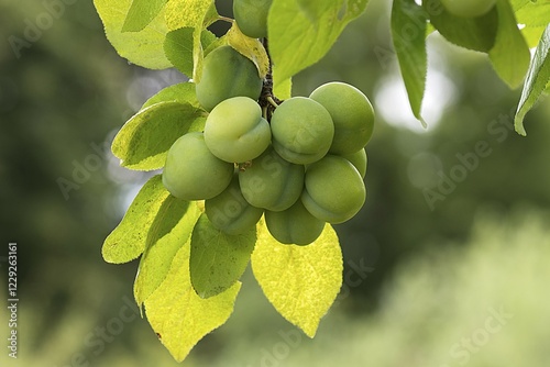 Immature Mirabelle (Prunus domestica) on a tree, Germany, Europe