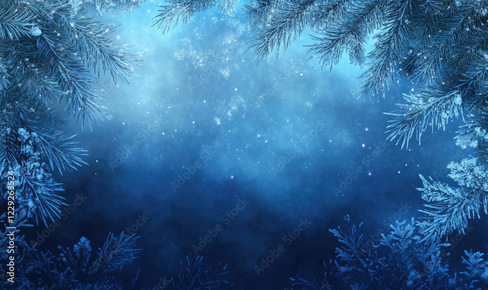 Obraz premium Frosted Pine Branches with Blue Bokeh Background