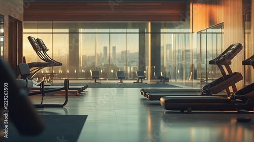 Gym fitness club with neon lights, abstract blur gym and fitness room interior