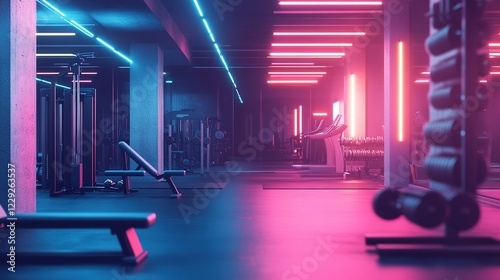 Gym fitness club with neon lights, abstract blur gym and fitness room interior
