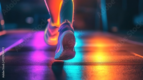 Human legs practicing exercise in indoor fitness center with colorful lights
