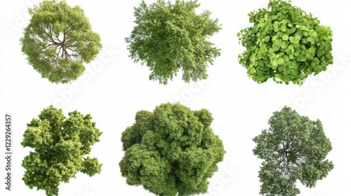 Various green tree top canopies displayed in different shapes and sizes, showcasing natural diversity in foliage and form photo