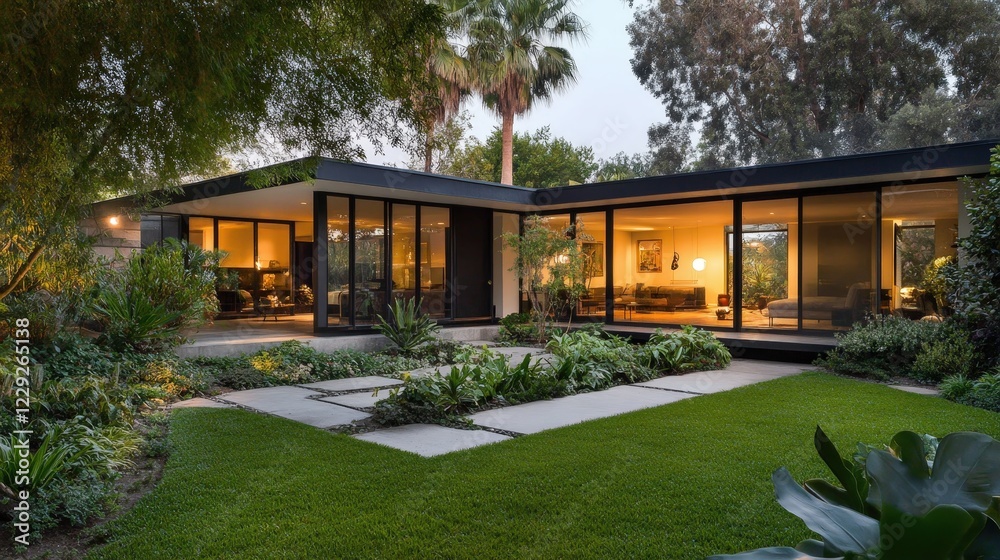minimalist home with clean lines, a glass facade, and a lush garden surrounding the property. minimalist home with clean lines, a glass facade, and a lush garden surrounding the property.